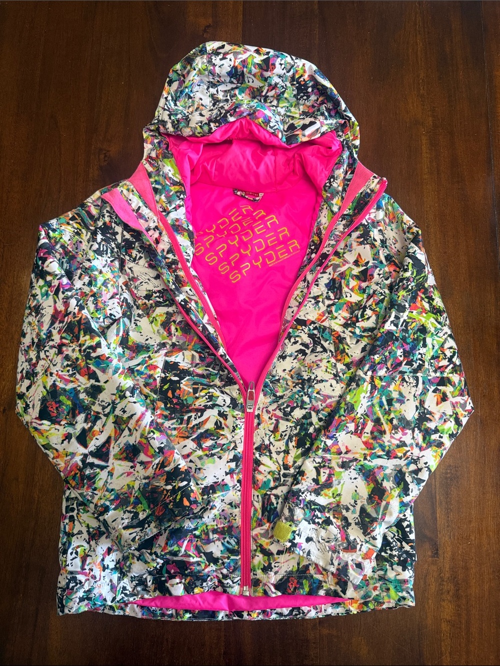 Spyder Multicolor Paint-Splatter Ski Jacket with Hot Pink Interior